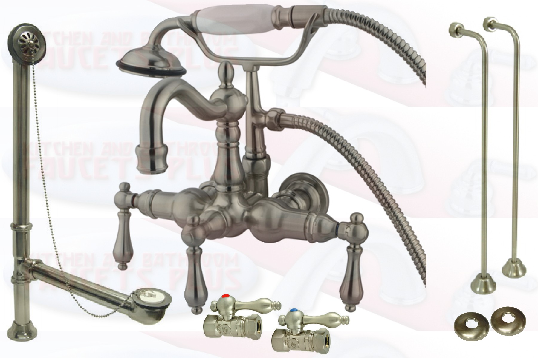Satin Brushed Nickel Clawfoot Tub Faucet Kit With Drain Supplies