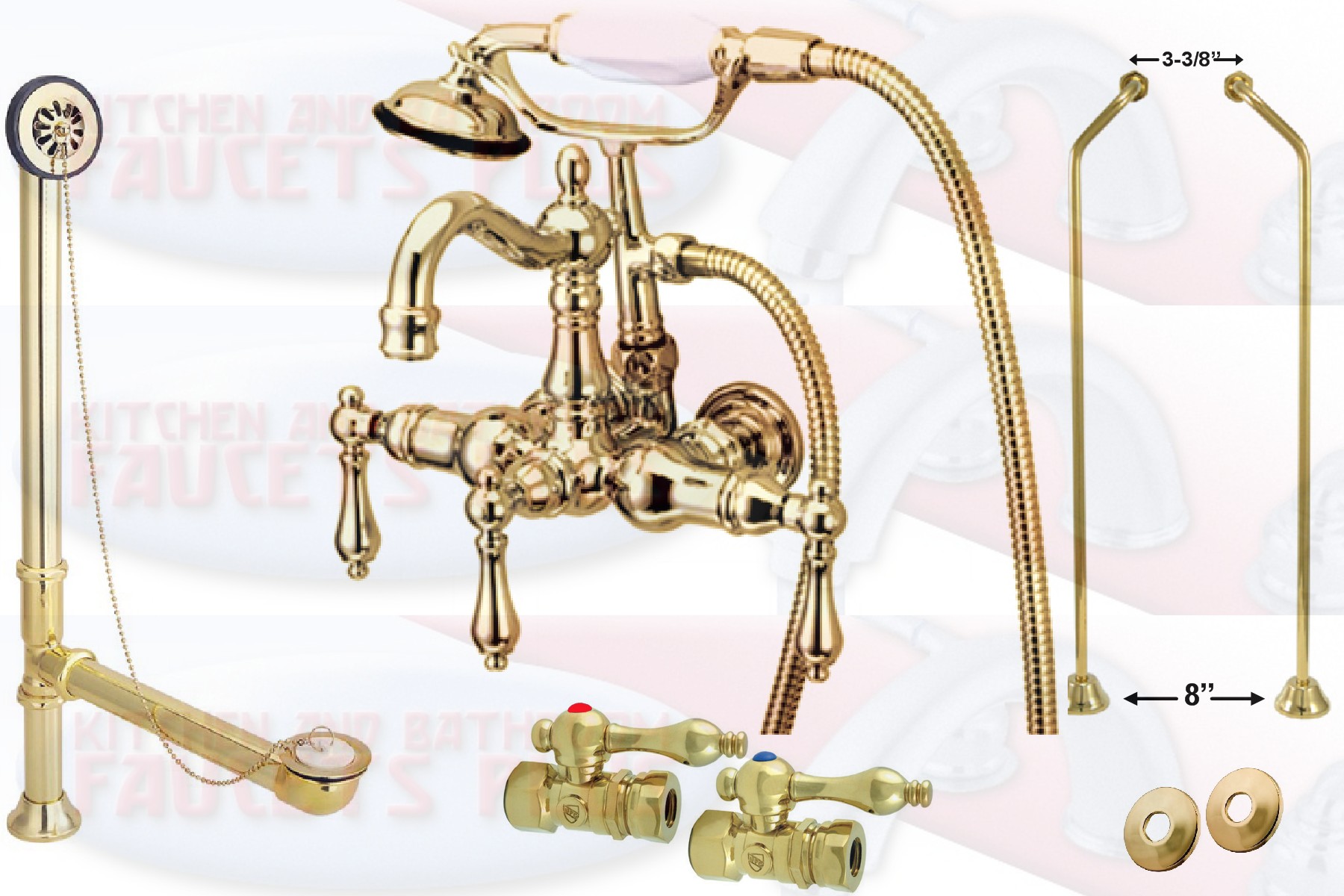 Polished Brass Clawfoot Tub Faucet Kit Including Drain Supplies Foor Stops